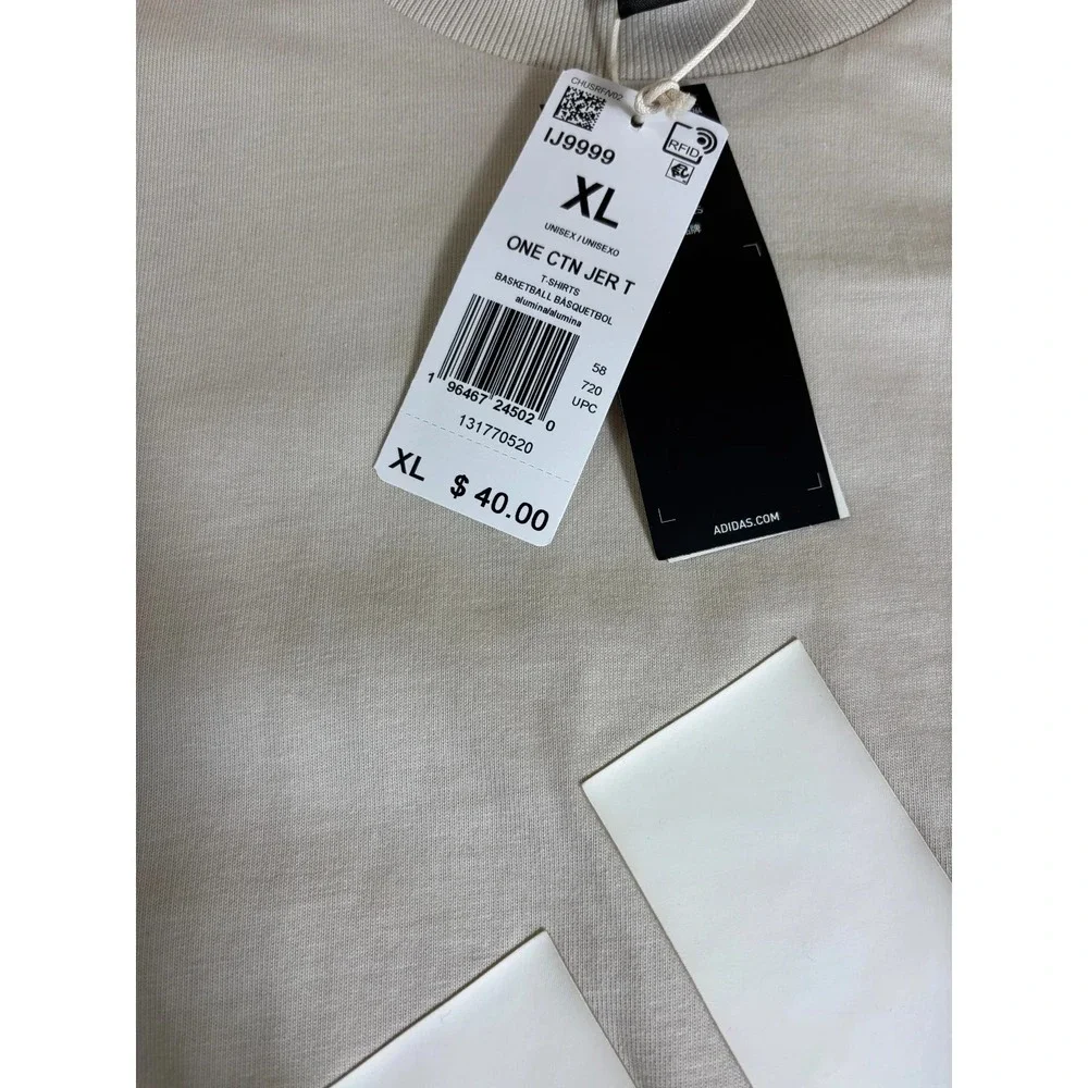 NWT Adidas Basketball Aluminium Shirt Mens XL Beige Short Sleeve Spellout Cotton